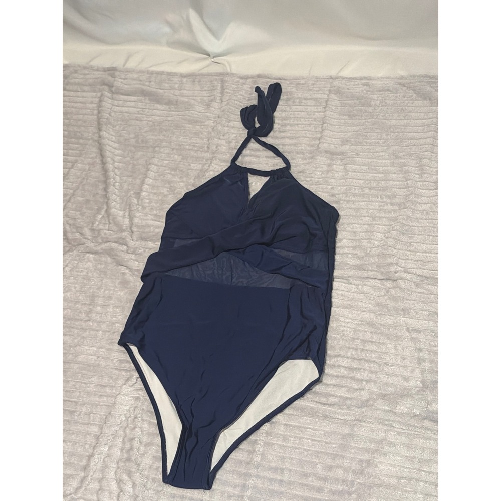 Navy Blue Wrap Front Halter One Piece Swimsuit Mesh Detail XL